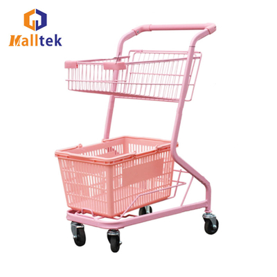 Two Baskets Metal Supermarket Shopping Trolley For Retail Grocery Store